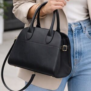 Black Structured Top Handle Tote Bag Crossbody Minimal Quiet Luxury Style EUC